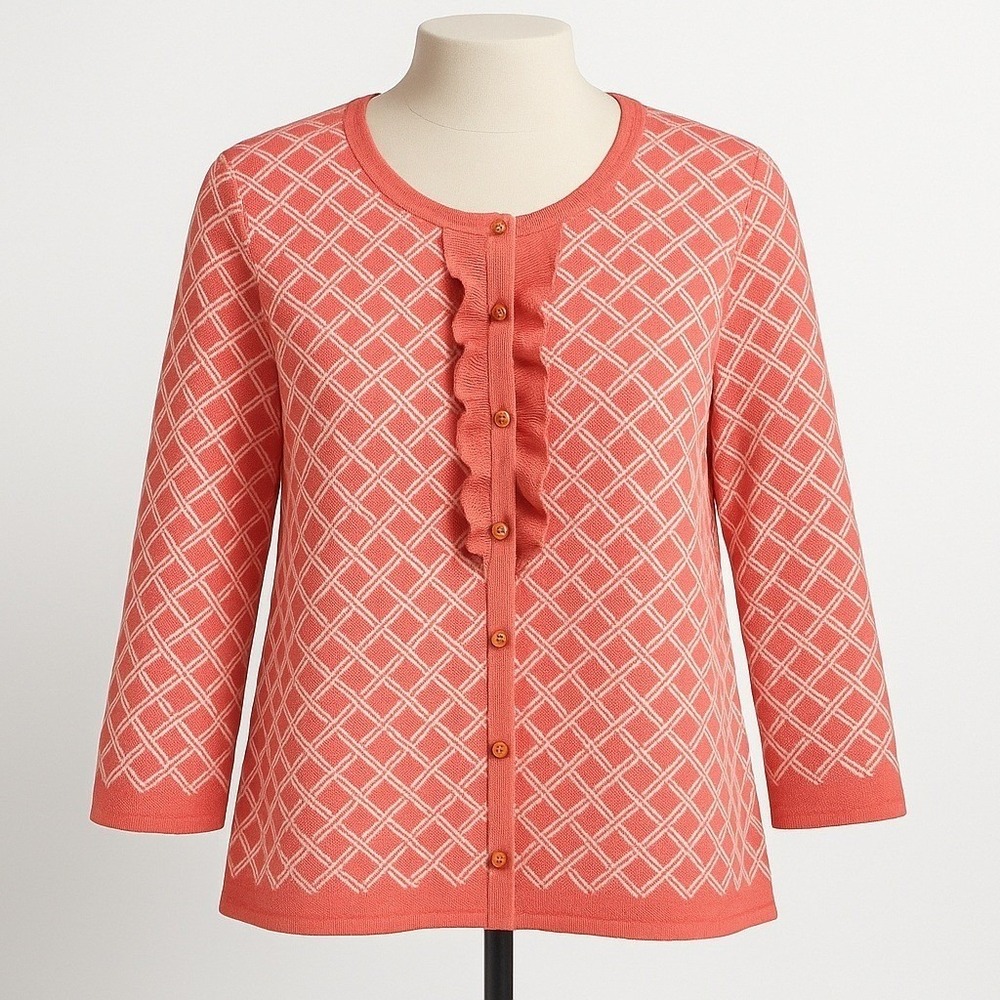 Coral Pink Diamond Knit Ruffle Button Cardigan 3/4 Sleeve‎ Women Coquette Twee